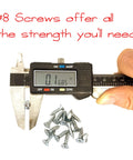 #8 screws shown next to caliper, measuring thickness for Set Of Four Heavy Duty No Mortise Bed Frame Brackets Tough As Nails Solid Steel.
