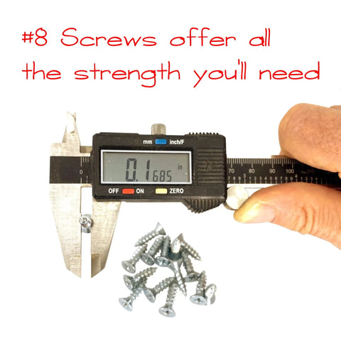 #8 screws shown next to caliper, measuring thickness for Set Of Four Heavy Duty No Mortise Bed Frame Brackets Tough As Nails Solid Steel.