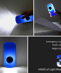 Three views of the blue Two Pack LED Night Light Flashlight With Motion Sensor, 3-In-1 Rechargeable Emergency Wall Mount Light in use.