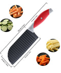 Angled front view of crinkle cut knife with red ergonomic rubber handle and 28 cm stainless-steel wavy blade