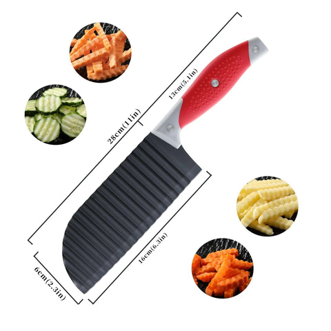 Angled front view of crinkle cut knife with red ergonomic rubber handle and 28 cm stainless-steel wavy blade