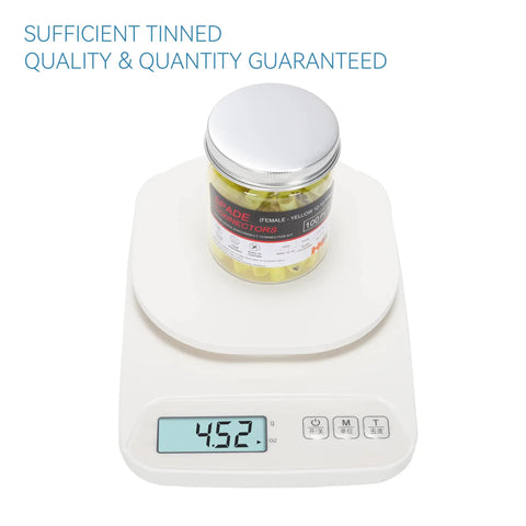Jar of 100 Pcs Nylon Female Spade Quick Disconnect Connectors Kit Yellow For 12 To 10 AWG Wire on digital scale, weight 4.52 oz
