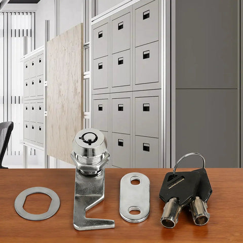 Five Eighth Inch Tubular Cam Lock Keyed Alike Zinc Alloy Lock with two keys and fittings displayed on a wooden surface