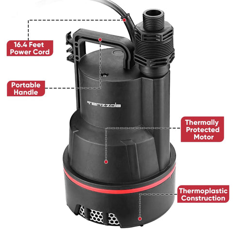 Heavy Duty 1/3 HP Submersible Sump Pump for Fast Water Removal, Portable Electric Pump Delivers Up to 2400 GPH and Lifts 30 Feet
