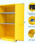 Inside view of Heavy Duty Flammable Storage Cabinet 60 Gallon Double Wall Safety Vault  with shelves and locking mechanism.