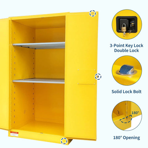Inside view of Heavy Duty Flammable Storage Cabinet 60 Gallon Double Wall Safety Vault  with shelves and locking mechanism.