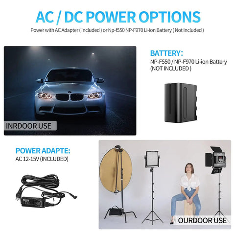 AC/DC power options for Two Pack Bi-Color LED Video Lights With App Control, battery and adapter included in setup image.
