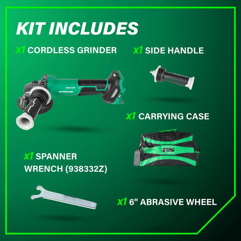 Cordless Brushless 6 Inch Angle Grinder With Variable Speed Paddle Switch, 36V Power Tool For Polishing Finishing Grinding And Rust Removal, Lightweight Yet Beastly Compact Design, Tool Body Only, with accessories including side handle, carrying case, spanner wrench, and 6-inch abrasive wheel.
