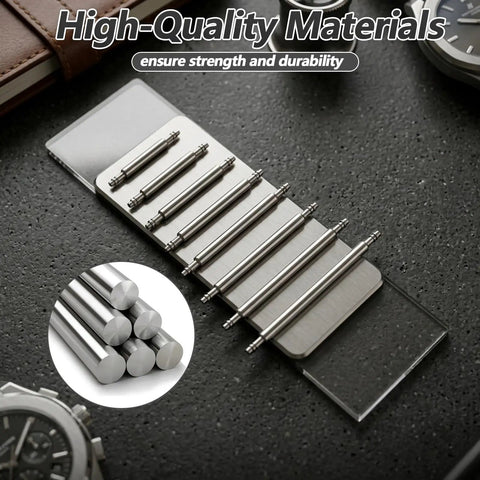 Must Have Watch Band Repair Kit with 32 stainless steel pins on card, featuring eight pin lengths from 12mm to 26mm for straps