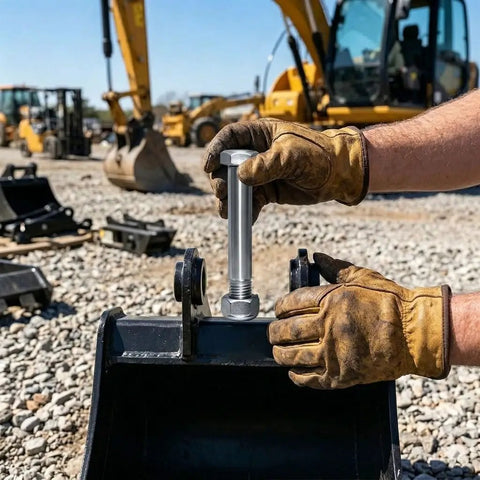0.98 Inch Mini Excavator Bucket Pins 25mm Grade 10.9 Steel Dual Length Precision Engineering for Precise Fitment in Mini Excavator Linkage Systems for Easy Install and Maximum Durability. being installed on an excavator bucket
