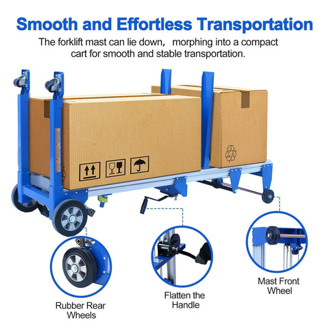 Manual Material Lift Winch Stacker with cardboard boxes on base and rubber rear wheels for warehouse tasks