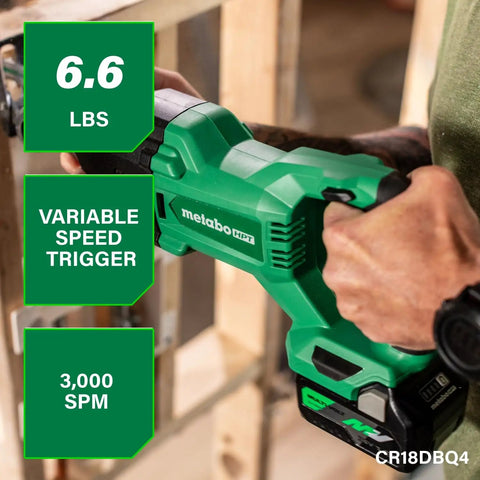 Close-up of a person using the All-In-One 18V MultiVolt Cordless Reciprocating Saw from the 4-Piece Combo Kit, showing specs.