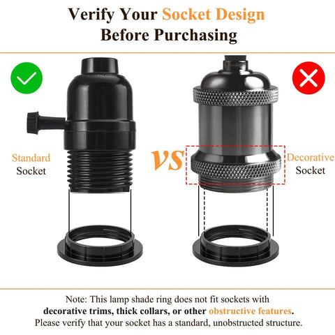 Comparison of standard and decorative sockets for Black E26 Lamp Shade Collar Rings Set Threaded Reducer 1-3/8" and 1-1/2" Kit.