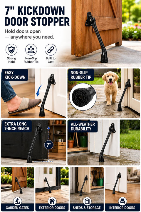 Heavy Duty Kickdown Door Stopper With Extended Reach Design And Rock Solid Zinc Alloy Frame For Tight Grip Non Slip Rubber Foot, 7-inch kickdown for strong hold.