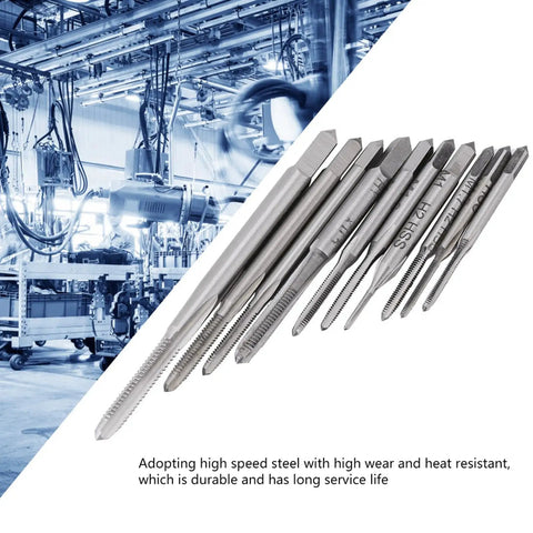 10 Piece Metric Tap Set For Clock And Watch Making, Hand Taps M1 To M3.5 displayed in a metalworking shop setting