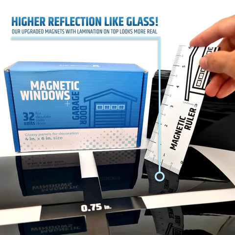 Magnetic Garage Door Window Panels Kit for Two Car Garages, 32 Pcs box with ruler demonstrating faux pane reflection.