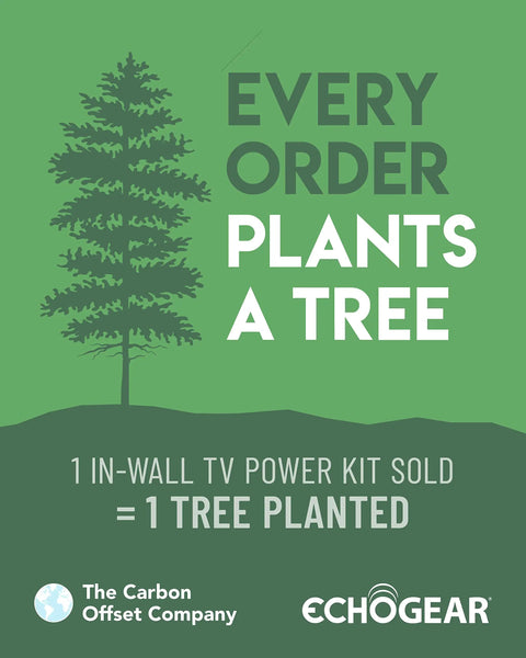 Green poster with tree silhouette, text 'Every Order Plants a Tree' promoting In Wall TV Cable Management Kit With Dual Outlet For Wall Mounted TVs Hides Power And Low Voltage Cables Includes Saw Template Six Foot Extension Cord And All In One In Wall Module For A Clean No Wire Install.