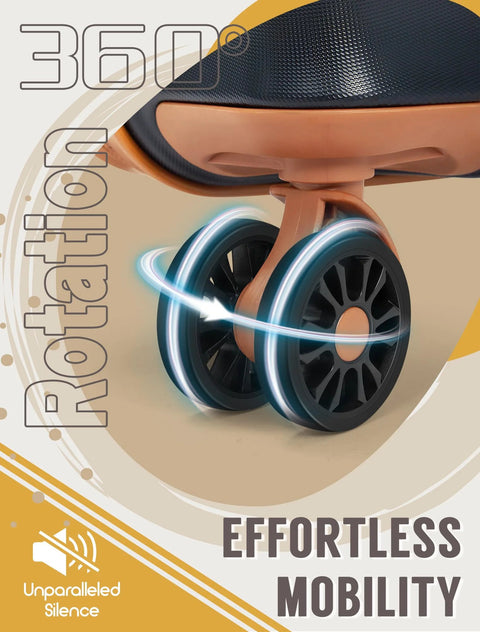 Close-up of silent spinner wheels on Airline Approved Carry On Luggage 22x14x9, 20 Inch ABS Hard Shell Suitcase with TSA lock