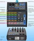 4 Channel Digital USB Bluetooth Pro Audio Mixer With MP3 Playback, USB Flash and PC Input, 48V Phantom Power controls display