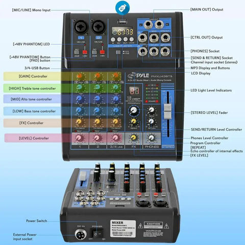 4 Channel Digital USB Bluetooth Pro Audio Mixer With MP3 Playback, USB Flash and PC Input, 48V Phantom Power controls display