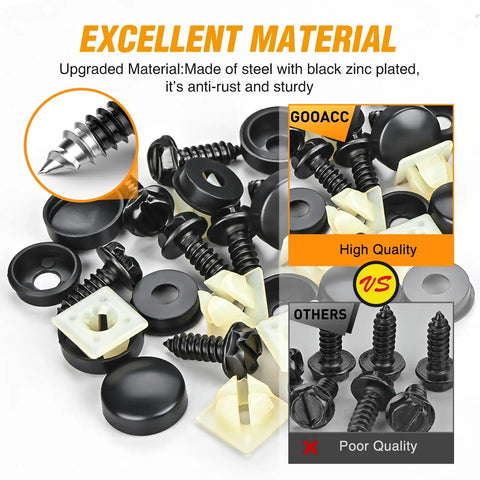 License Plate Screw Kit For Front And Back Plates On Cars SUVs And Trucks Black Zinc Plated Rust Proof And Anti Rattle Bolts Set Of Eight with comparison of high and poor quality screws