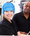 Five Pack Blue Anti Static Cleanroom Working Hat Built With Breathable Mesh And Heavy Duty Polyester For Electronics Factories Food Prep Zones And Paint Studios Offering Sick Airflow And Chill Fit All Day Long worn by a smiling woman. 