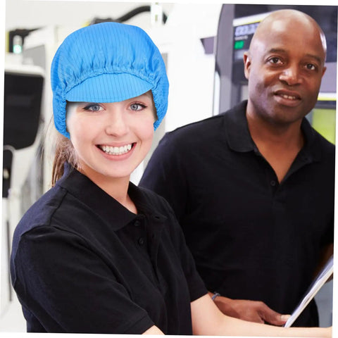 Five Pack Blue Anti Static Cleanroom Working Hat Built With Breathable Mesh And Heavy Duty Polyester For Electronics Factories Food Prep Zones And Paint Studios Offering Sick Airflow And Chill Fit All Day Long worn by a smiling woman. 