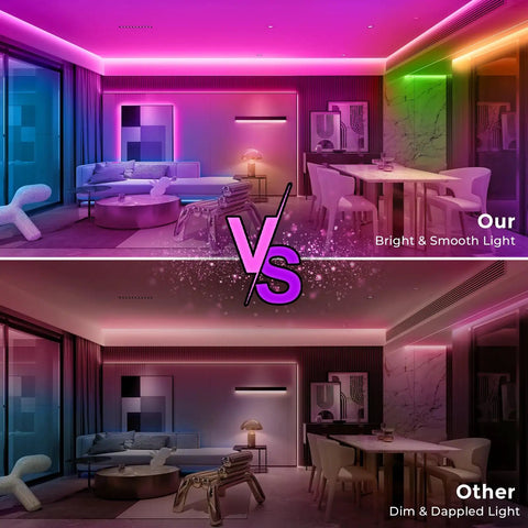 Comparison of two living rooms with Dope Neon RGB Rope Lights For Gaming Rooms And Living Spaces, IP67 Waterproof Flexible LED Rope Light.