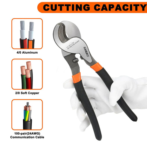 Heavy Duty Hydraulic Crimping Tool Kit With Cable Cutter And Nine Die Sets For Twelve AWG To Two Zero AWG Wires Includes Forty Copper Wire Lugs Pro Electrician Crimper For Terminal Crimping DIY And Professional Grade showing cable cutter and cutting capacities