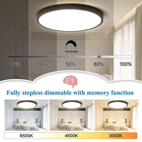 Sleek 3 Color Dimmable Flush Mount LED Ceiling Light With Remote 12 Inch 24W Black Ceiling Fixture in dimmable and color modes