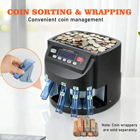 Heavy Duty Coin Counter And Money Sorter Knocks Out Bulk Jars Fast With Slick 270 Coins Per Minute Pace showing coins and sorting trays.