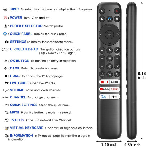 RC813 Replacement Remote for Google TV Easy Drop In Control with labeled buttons and side view for 4K UHD HDR QLED LED Smart TVs