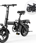 Foldable 14 Inch Electric Commuter Bike With 19 MPH Top Speed, 330 Pound Load Capacity, showing foldable feature and design