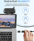 Hassle Free Plug And Play 1080P HD Webcam For Computers with USB-A and USB-C cables connected to a laptop.