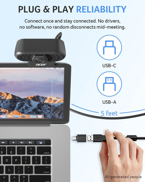 Hassle Free Plug And Play 1080P HD Webcam For Computers with USB-A and USB-C cables connected to a laptop.