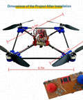 Hands-On DIY Drone Kit With Brushless Motors, Optical Flow Hovering, showcasing dimensions and electronic components.