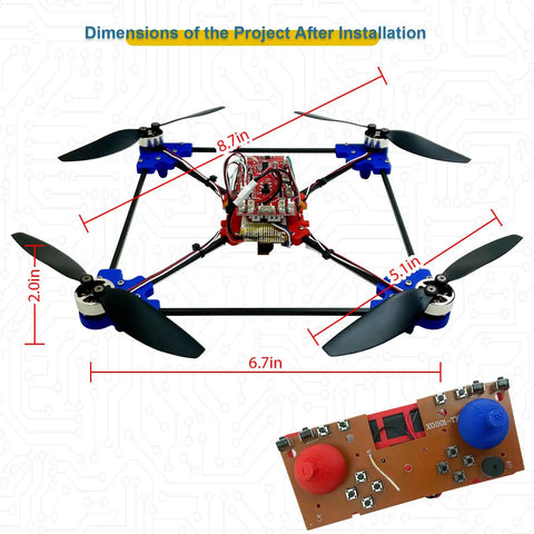 Hands-On DIY Drone Kit With Brushless Motors, Optical Flow Hovering, showcasing dimensions and electronic components.