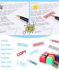 Fresh Out The Box 8 Piece Pre Inked Office Stamp Set With Bold Multicolor Plastic Handles for marking documents like confidential and approved.