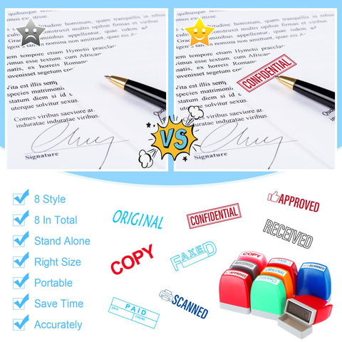 Fresh Out The Box 8 Piece Pre Inked Office Stamp Set With Bold Multicolor Plastic Handles for marking documents like confidential and approved.