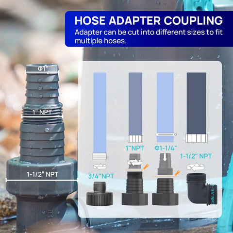 Heavy Duty 1/2 Hp Submersible Sump Pump Running Smooth As Silk Delivers Serious High Flow Drainage Moving Up To 3159 Gallons Per Hour To Conquer 26 Feet Vertical Lift hose adapter coupling with various sizes for hose fittings.