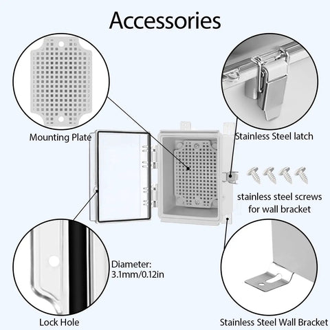 Accessories of IP67 Waterproof Electrical Junction Box showing mounting plate, clear cover, stainless steel latch, screws, wall bracket