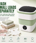 Road Ready Foldable Mini Washing Machine, 20 Liter Capacity, featuring a matte green design with laundry items nearby.