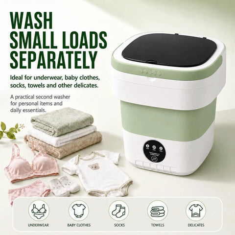 Road Ready Foldable Mini Washing Machine, 20 Liter Capacity, featuring a matte green design with laundry items nearby.