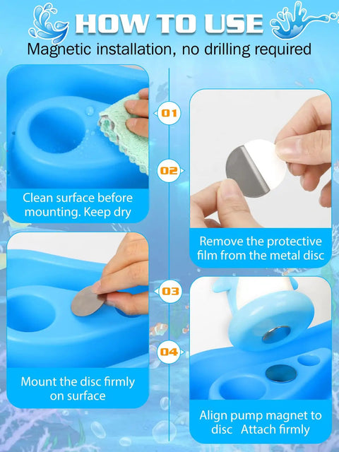 Instructions showing how to use the Dolphin Water Table Pump With Magnetic Base No Drill 3 Hour Runtime Rechargeable Continuous Flow Outdoor Water Play Toy For Kids Step Two Blue Durable Kid Friendly Design With Splashy Dolphin Arch For Rainbow Sprays And Easy Setup For Busy Parents.