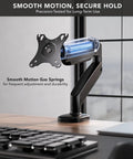 Single Monitor Arm Desk Mount With Super Smooth Tilt And Swivel Fits 13 To 32 Inch Screens, showcasing gas spring mechanism for easy adjustments.