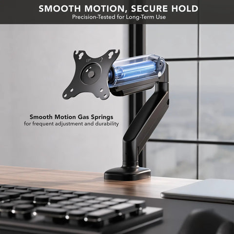 Single Monitor Arm Desk Mount With Super Smooth Tilt And Swivel Fits 13 To 32 Inch Screens, showcasing gas spring mechanism for easy adjustments.