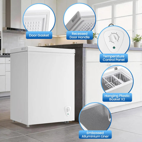 Compact Deep Chest Freezer Featuring 3.5 Cu Ft Capacity And Durable Storage Baskets White, showing door gasket and control panel.