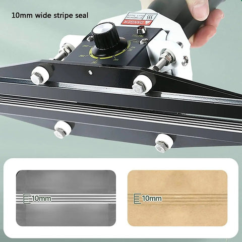 Heavy Duty Portable Handheld Impulse Bag Sealer With Precise Temperature Control And Adjustable Heating Bar For Food Preservation Packaging And Shrink Wrap Applications Quick Easy Seal Tool with 10mm wide seal detail.