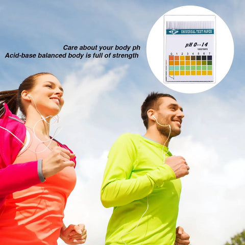 PH Test Strips 0 to 14 Universal Litmus Test Paper With Storage Case For Saliva Urine Water Soil Testing Pet Food Diet Monitoring Easy To Use Fast Reliable Readouts In Seconds, shown with jogging couple.