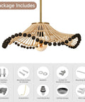 Hodevimall 19.6" Boho Rattan Pendant Light Fixture with matte black beads, showcasing assembly components and details.
